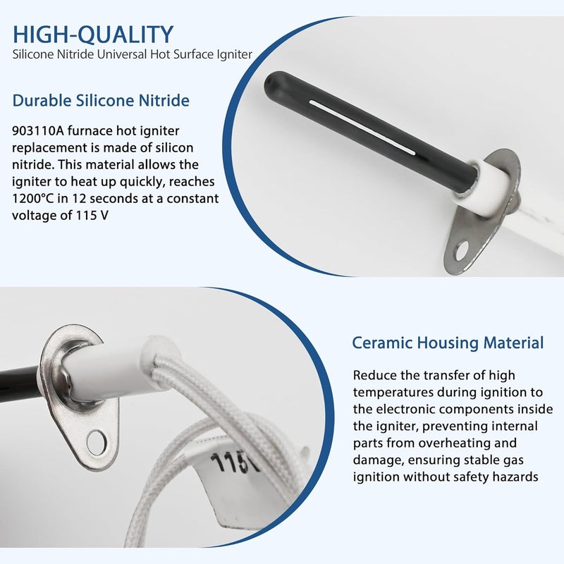 Fetechmate Durable 903110A Furnace Hot Surface lgnitors With Plug Fit for Nor-dyne Furnace, 903110 Round Silicon Nitride Hot Surface Igniter Kit Replacement Repalces 632504, 632313, FC047 By - Image 3